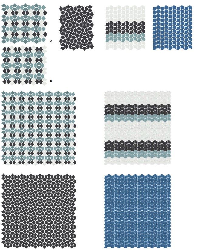 3.6x2.9 cm Türkizzöld-Fehér-Fekete-Kék - Soul Composicion Ondas - Matt dekor hullám halpikkely üvegmozaik wellness burkolat