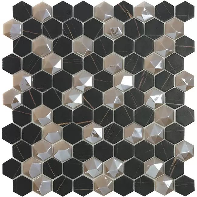 3.5 Fekete márványos Barna gyémánt - Sahara Mix Coffee - Hexagon üvegmozaik wellness burkolat